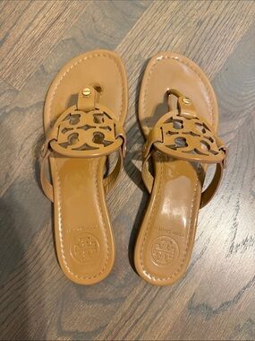 Tory Burch Cognac Leather Logo Thong Sandals
